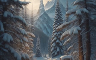 Картинка зима, зимние, время года, сезоны, сезонные, лес, деревья, дерево, природа, ель, елка, гора, снег, ночь, AI Art, ИИ арт, цифровое, арт, сгенерированный, AI, ИИ