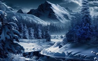 Картинка зима, зимние, время года, сезоны, сезонные, гора, лес, деревья, дерево, природа, река, вечер, ночь, AI Art, ИИ арт, цифровое, арт, сгенерированный, AI, ИИ