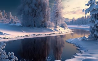 Картинка зима, зимние, время года, сезоны, сезонные, пейзаж, природа, лес, деревья, дерево, река, отражение, вечер, закат, заход, AI Art, ИИ арт, цифровое, арт, сгенерированный, AI, ИИ