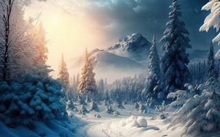 Картинка зима, зимние, время года, сезоны, сезонные, лес, деревья, дерево, природа, ель, елка, гора, снег, иней, изморозь, белый, вечер, закат, заход, AI Art, ИИ арт, цифровое, арт, сгенерированный, AI, ИИ