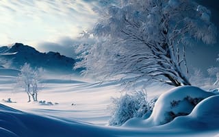 Картинка зима, зимние, время года, сезоны, сезонные, пейзаж, природа, дерево, снег, иней, изморозь, белый, AI Art, ИИ арт, цифровое, арт, сгенерированный, AI, ИИ