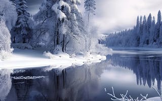 Картинка зима, зимние, время года, сезоны, сезонные, лес, деревья, дерево, природа, река, AI Art, ИИ арт, цифровое, арт, сгенерированный, AI, ИИ, отражение