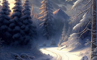 Картинка зима, зимние, время года, сезоны, сезонные, лес, деревья, дерево, природа, ель, елка, снег, дорога, арт, рисунок