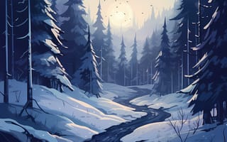 Картинка зима, зимние, время года, сезоны, сезонные, лес, деревья, дерево, природа, ель, елка, река, ручей, арт, рисунок