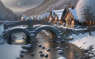 Картинка зима, зимние, время года, сезоны, сезонные, гора, дом, река, мост, село, поселок, AI Art, ИИ арт, цифровое, арт, сгенерированный, AI, ИИ