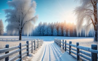 Картинка зима, зимние, время года, сезоны, сезонные, природа, снег, иней, изморозь, белый, дерево, дорога, AI Art, ИИ арт, цифровое, арт, сгенерированный, AI, ИИ