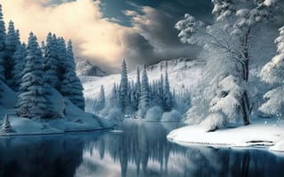 Картинка зима, зимние, время года, сезоны, сезонные, пейзаж, природа, лес, деревья, дерево, снег, река, отражение, вечер, арт, ии арт, ии, ai