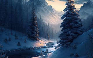 Картинка зима, зимние, время года, сезоны, сезонные, пейзаж, природа, гора, лес, деревья, дерево, ель, елка, снег, ночь, арт, ии арт, ии, ai