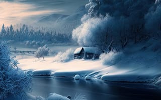 Картинка зима, зимние, время года, сезоны, сезонные, снег, белый, пейзаж, природа, лес, деревья, дерево, ель, елка, дом, ночь, река, арт
