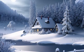 Картинка зима, зимние, время года, сезоны, сезонные, природа, снег, гора, лес, деревья, дерево, ель, елка, дом, ночь, луна, арт