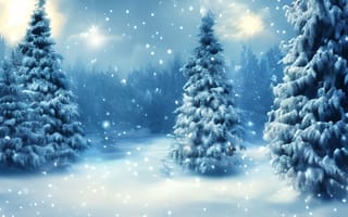 Картинка зима, зимние, время года, сезоны, сезонные, лес, деревья, дерево, природа, ель, елка, снег, иней, изморозь, белый, ночь, звезды, звезда, арт