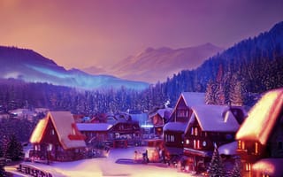 Картинка зима, зимние, время года, сезоны, сезонные, гора, дом, село, поселок, ночь, вечер, сумерки