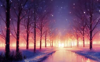 Картинка зима, зимние, время года, сезоны, сезонные, парк, природа, снег, вечер, закат, заход, ночь, река