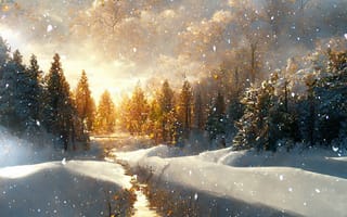 Картинка зима, зимние, время года, сезоны, сезонные, лес, деревья, дерево, природа, снег, живопись, aрт, облака, туча, облако, тучи, небо, вечер, закат, заход