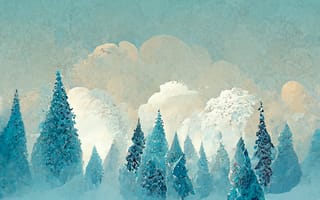 Картинка зима, зимние, время года, сезоны, сезонные, лес, деревья, дерево, природа, ель, елка, пейзаж, арт, рисунок, снег, иней, изморозь, белый