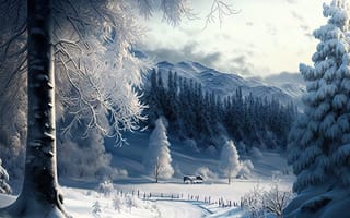 Картинка зима, зимние, время года, сезоны, сезонные, лес, деревья, дерево, природа, пейзаж, вечер, AI Art, ИИ арт, цифровое, арт, сгенерированный, AI, ИИ