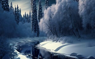 Картинка зима, зимние, время года, сезоны, сезонные, лес, деревья, дерево, природа, снег, иней, изморозь, белый, река, вечер, ночь, AI Art, ИИ арт, цифровое, арт, сгенерированный, AI, ИИ
