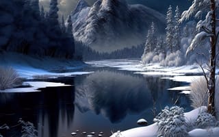 Картинка зима, зимние, время года, сезоны, сезонные, лес, деревья, дерево, природа, гора, озеро, пруд, вода, река, AI Art, ИИ арт, цифровое, арт, сгенерированный, AI, ИИ, пейзаж