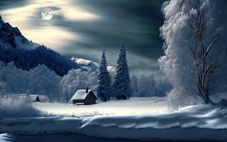 Картинка зима, зимние, время года, сезоны, сезонные, лес, деревья, дерево, природа, гора, дом, река, ночь, луна, отражение, AI Art, ИИ арт, цифровое, арт, сгенерированный, AI, ИИ, пейзаж