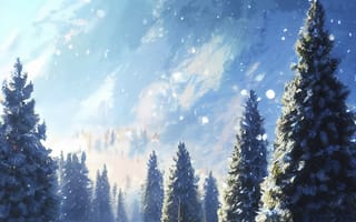 Картинка зима, зимние, время года, сезоны, сезонные, лес, деревья, дерево, природа, ель, елка, гора, пейзаж, снег, арт, рисунок