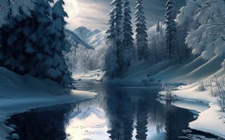 Картинка зима, зимние, время года, сезоны, сезонные, лес, деревья, дерево, природа, ель, елка, гора, река, ночь, луна, отражение, AI Art, ИИ арт, цифровое, арт, сгенерированный, AI, ИИ
