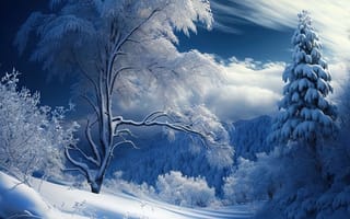 Картинка зима, зимние, время года, сезоны, сезонные, лес, деревья, дерево, природа, белый, иней, изморозь, снег, ночь, вечер, AI Art, ИИ арт, цифровое, арт, сгенерированный, AI, ИИ