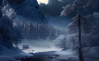 Картинка зима, зимние, время года, сезоны, сезонные, лес, деревья, дерево, природа, гора, снег, река, ручей, ночь, темный, темнота, AI Art, ИИ арт, цифровое, арт, сгенерированный, AI, ИИ
