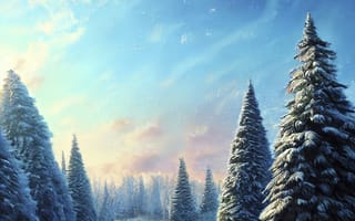 Картинка зима, зимние, время года, сезоны, сезонные, лес, деревья, дерево, природа, ель, елка, река, снег, вечер, закат, заход