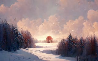 Картинка зима, зимние, время года, сезоны, сезонные, поле, лес, деревья, дерево, природа, живопись, aрт, облака, туча, облако, тучи, небо