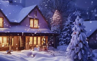 Картинка зима, зимние, время года, сезоны, сезонные, дом, снег, ель, елка, ночь, темный, темнота, село
