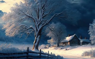 Картинка зима, зимние, время года, сезоны, сезонные, дерево, дом, белый, снег, облака, туча, облако, тучи, небо, вечер, сумерки, ночь