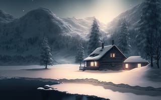 Картинка зима, зимние, время года, сезоны, сезонные, гора, снег, лес, деревья, дерево, природа, дом, озеро, пруд, вода, ночь, луна