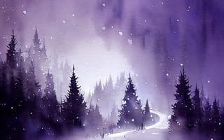 Картинка зима, зимние, время года, сезоны, сезонные, лес, деревья, дерево, природа, акварель, акварельные, живопись, aрт, ночь, звезды, звезда