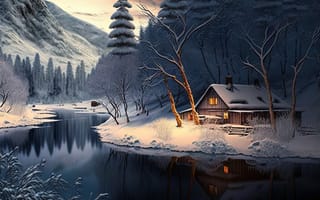 Картинка зима, зимние, время года, сезоны, сезонные, лес, деревья, дерево, природа, река, ночь, AI Art, ИИ арт, цифровое, арт, сгенерированный, AI, ИИ