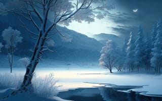Картинка зима, зимние, время года, сезоны, сезонные, лес, деревья, дерево, природа, снег, белый, озеро, пруд, вода, ночь, луна, AI Art, ИИ арт, цифровое, арт, сгенерированный, AI, ИИ