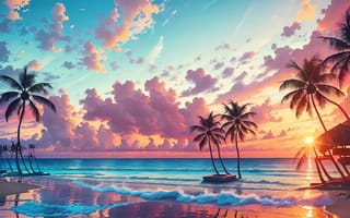 Картинка океан, море, вода, природа, берег, побережье, песок, песчаный, пляж, пальма, дерево, тропики, тропический, вечер, закат, заход, солнце