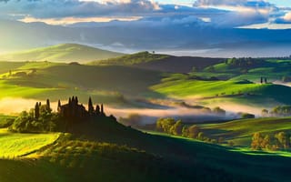 Картинка пейзаж, природа, горы, долина, туман, закат, итальянский