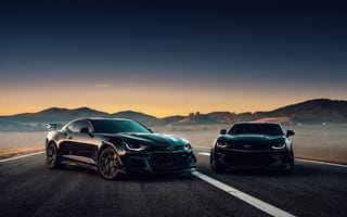 Картинка автомобили, черные, спорткары, пейзаж, дорожная сцена, закат, модели