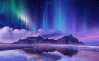 Картинка северное сияние, пейзаж, горы, ночное небо, отражение, природа, красота