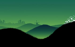 Картинка пейзаж, горы, город, ветряная мельница, зелёный, обои, природа