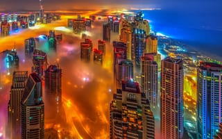 Картинка город, неон, ночь, здания, туман, пейзаж, свет