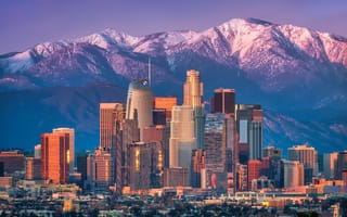 Картинка город, небоскребы, горы, закат, пейзаж, архитектура, Лос-Анджелес