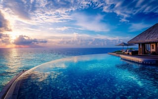 Картинка море, закат, отдых, пейзаж, бассейн, отель, тропики, природа