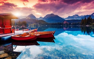 Картинка озеро, горы, лодки, закат, природа, пейзаж, отдых