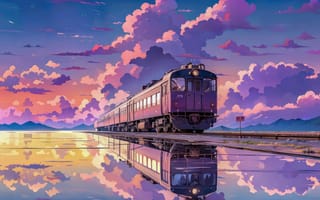Картинка поезд, закат, пейзаж, небо, отражение, аниме, путешествие