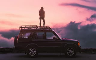 Картинка автомобиль, пейзаж, закат, приключение, девушка, природа, путешествие