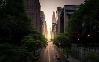 Картинка город, небоскрёбы, улица, закат, природа, транспорт, архитектура, пейзаж, свет, деревья