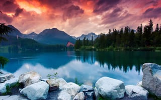 Картинка природа, озеро, горы, закат, лес, камни, пейзаж, отражение, пейзажные обои