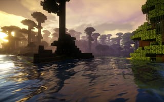 Картинка природа, водоем, лес, закат, пейзаж, игра, Minecraft