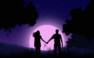 Картинка закат, влюбленные, силуэты, природа, ночь, деревья, романтика